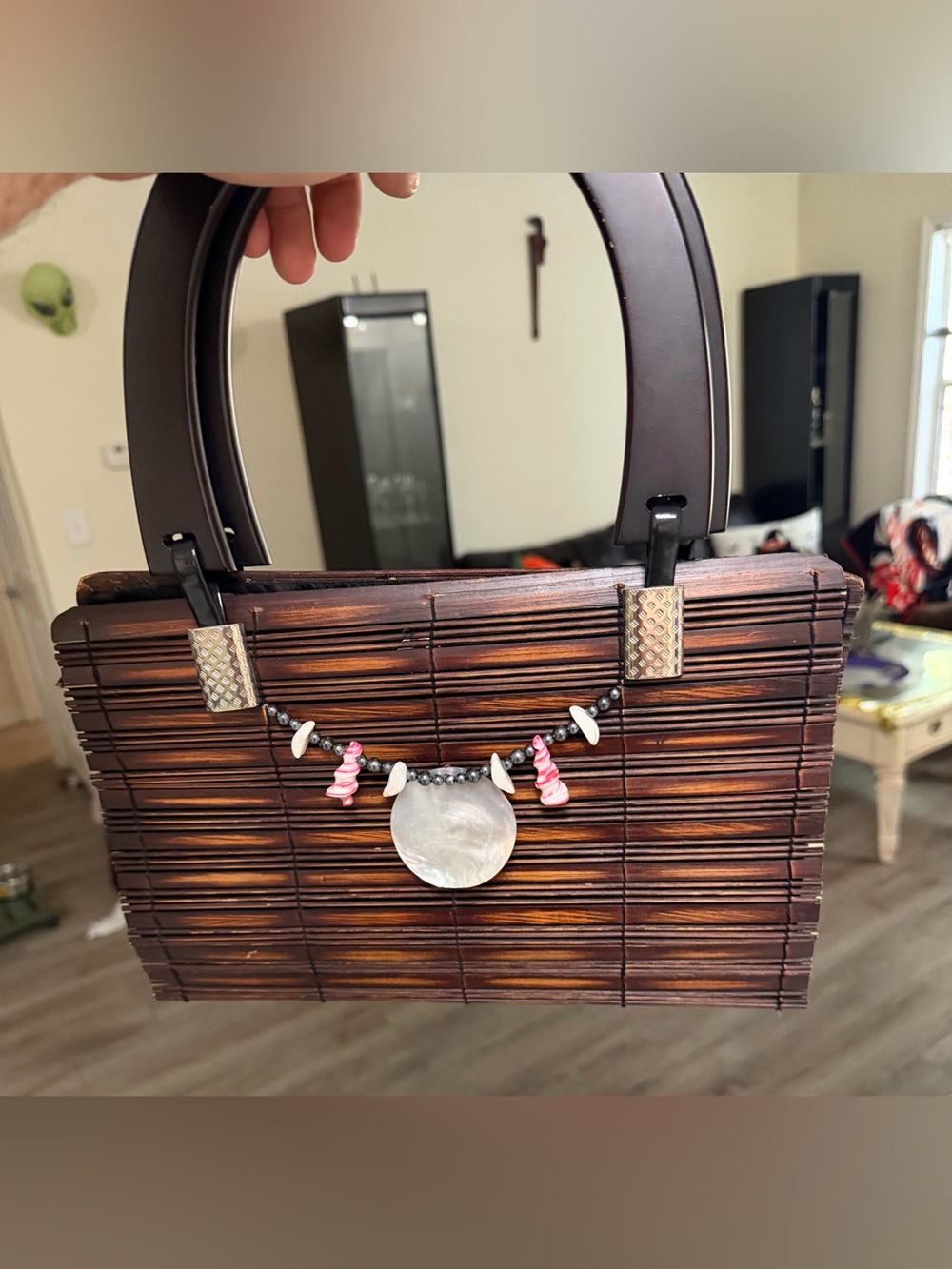 Mahogany Wooden Lined Handbag 2 Oak Handles With Beads 12 X 7 X 3